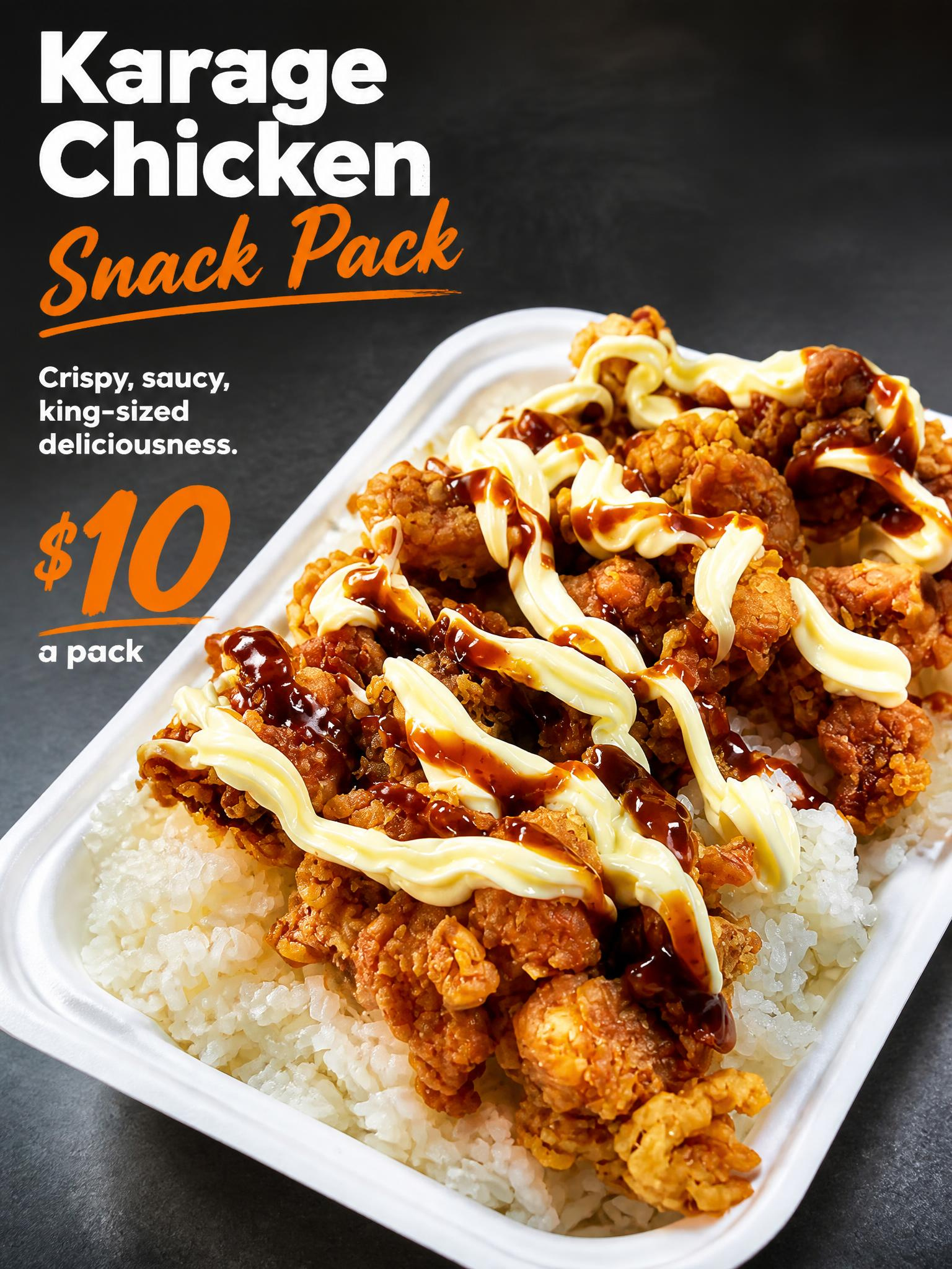 Karage chicken snack pack with rice and sauce