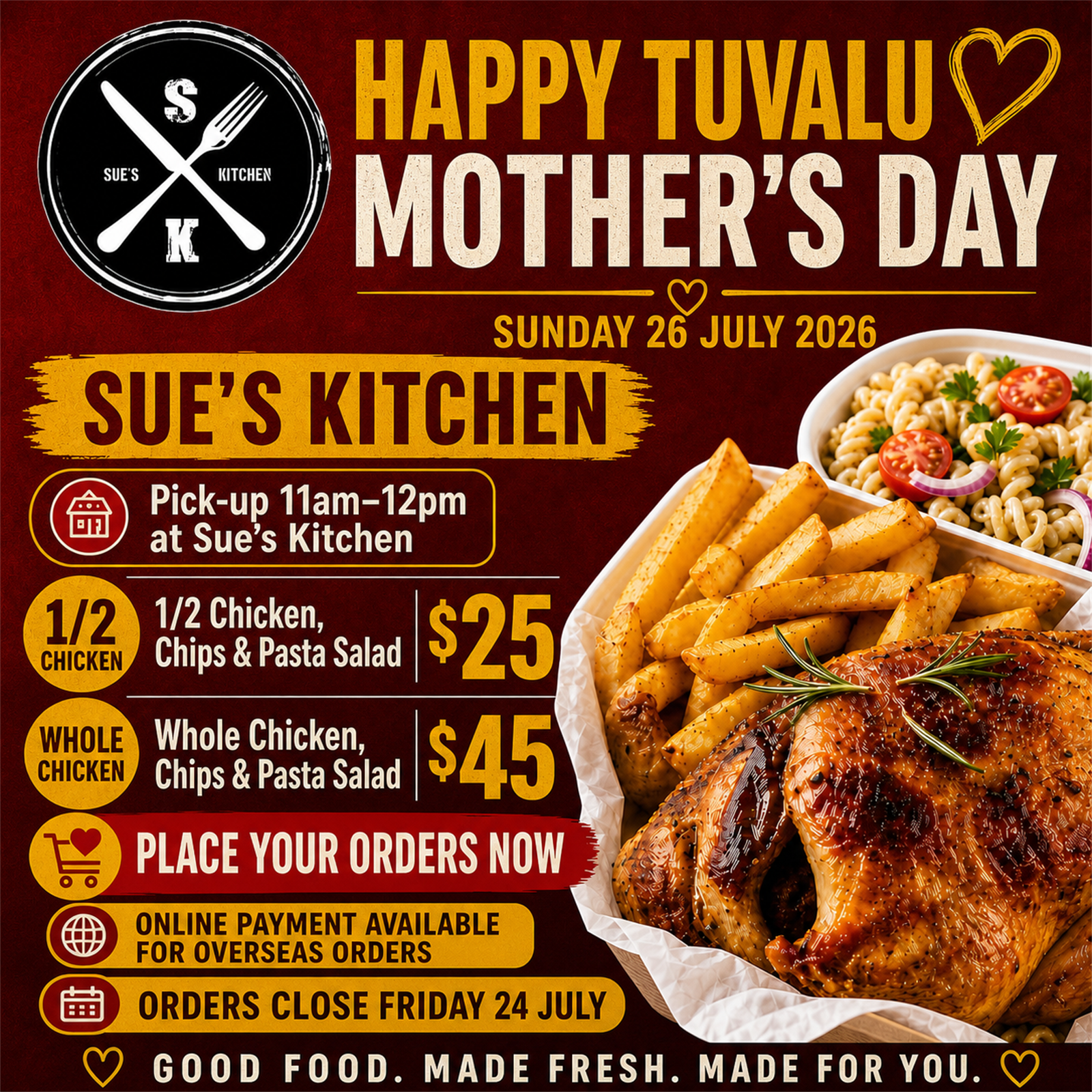 Sue's Kitchen Happy Tuvalu Mother's Day order flyer for Sunday 26 July 2026